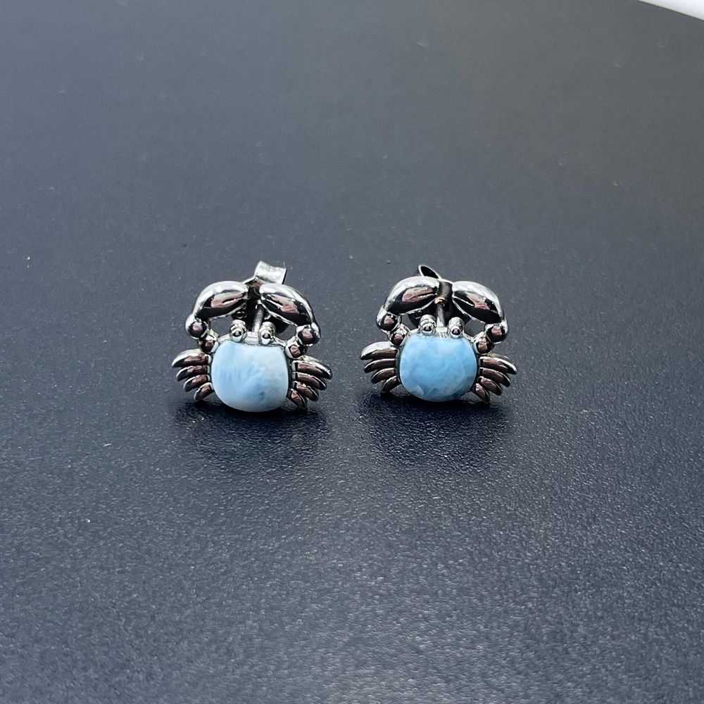Sterling Silver 925 Caribbean Blue Larimar Crab Coastal Stud Earrings